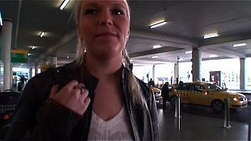 Hot blonde babe catched on the airport and fucked for some money